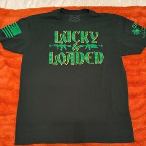 Grunt Style Black T-Shirt with Green and Yellow 'Lucky & Loaded' Graphic